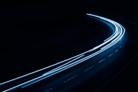 blue car lights at night. long exposure.の写真素材