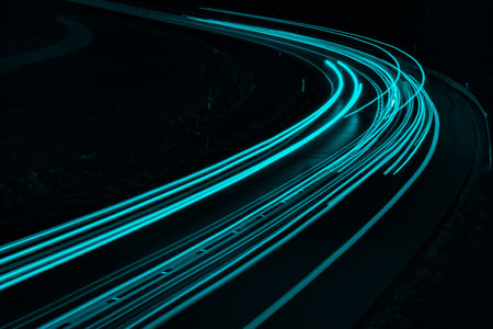 blue car lights at night. long exposureの写真素材