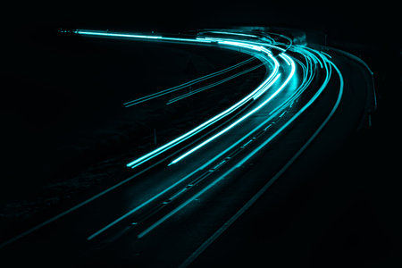 blue car lights at night. long exposureの写真素材