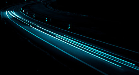 blue car lights at night. long exposureの写真素材