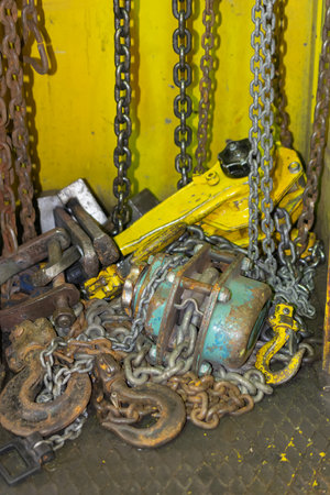 old yellow manual chain winchの写真素材