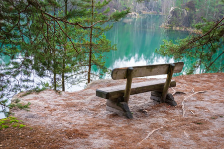 bench in the park by the lakeの写真素材