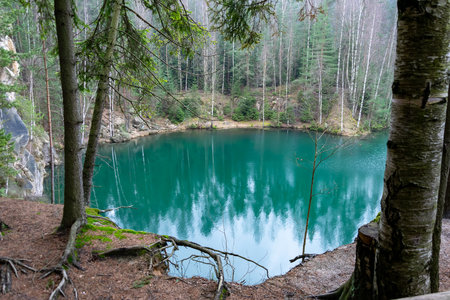 lake in the rock town in Adrspach, Czech Republicの写真素材
