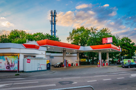 Ustka, Poland - 26/06/2024 - Orlen petrol station at sunset in Ustkaのeditorial素材