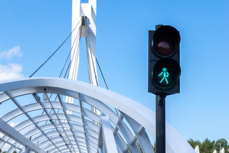 traffic lights pedestrian crossing on the footbridge in Ustkaの写真素材