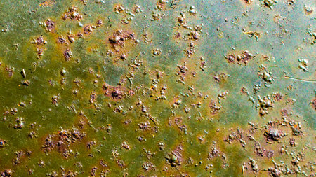 rusting old metal plate painted with green paintの写真素材