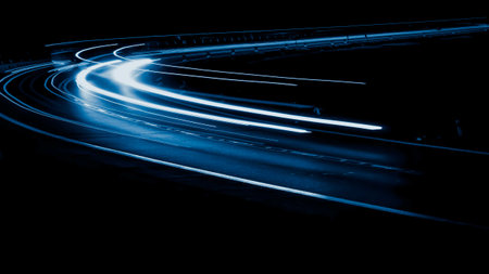 Night road lights. Lights of moving cars at night. Long exposure photo taken in a tunnel below Veliko Tarnovoの写真素材