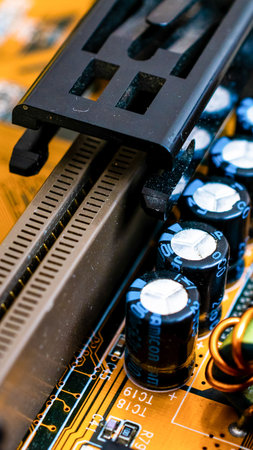 Closeup of electronic circuit board or PCB printed circuit board