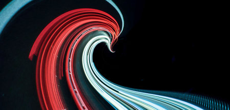 Abstract light wave with red and white neon trails on black