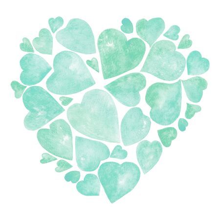 Illustration set watercolor mint hearts isolated on white. Romantic artistic element for your design for wedding or greeting cards, sublimation, prints, banners. Hand drawing. High resolutionの写真素材