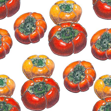Watercolor seamless pattern of ripe orange persimmon, isolated on whiteの写真素材