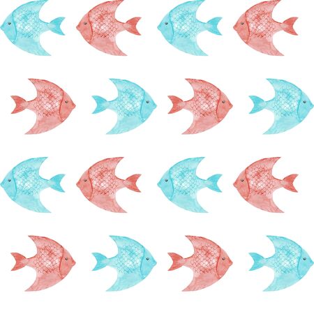 Watercolor seamless pattern. The marine fish isolated on white background. Hand drawn. Fresh ocean organic illustration. Design for kitchen, textile fabrics, invitations, cards, wall art, packaging.の写真素材