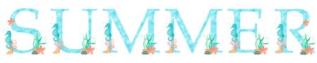 Watercolor sea word Summer. Ocean seahorse, seashells, fish scales, starfish, seaweed on white...