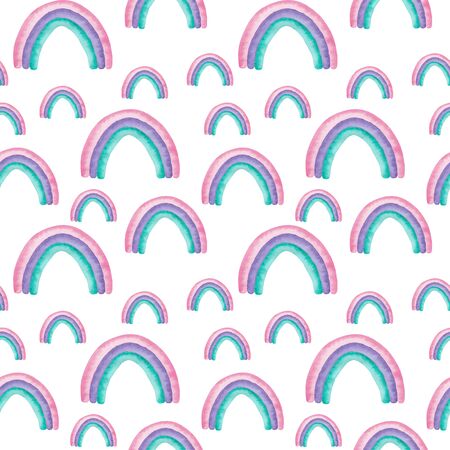 Seamless pattern watercolor rainbows in pink, purple and mint colors isolated on white background Abstract modern illustration Perfect for design nursery fabric textile Card making and other projects.の写真素材