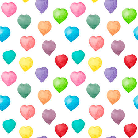 Seamless pattern Watercolor rainbows hearts. Hand drawn. Pack of party colorful hearts isolated on white background. Easy for design paper, textile, fabric, and other.の写真素材