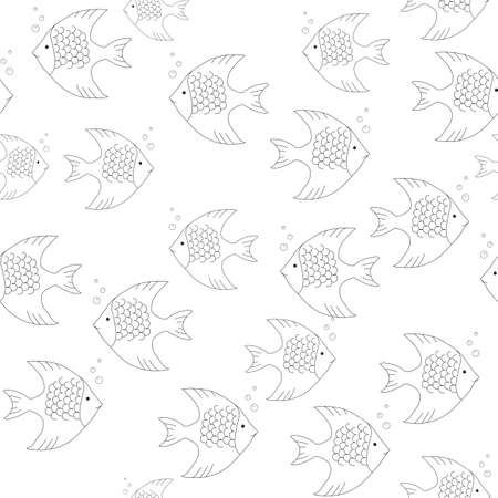 Seamless pattern fishes Line art Black on white background Illustration doodle Monochrome Underwater world Hand drawn Sketch for Web, Wallpapers, Fabric Textile Paper Invitation Greeting card other.の写真素材