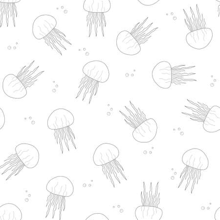 Seamless pattern jellyfish Line art Black on white background Illustration doodle Monochrome Underwater world Hand drawn Sketch for Web Wallpapers, Fabric Textile Paper Invitation Greeting card other.の写真素材