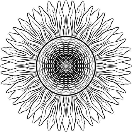 Vector Mandala Sunflower. Black on white background decorative element. Circular geometric abstract line art. Illustration of pattern for coloring book for adult, cards, and other decorations.のイラスト素材