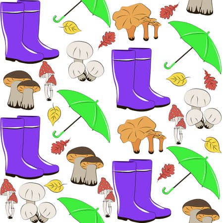 Rubber boots Mushrooms Umbrella isolated on white background. Fall illustration. Seamless pattern. Autumn nature symbol, season clothes concept. High resolution Easy for web design, fabric, printing.の写真素材