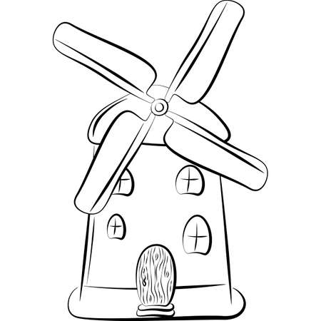 Wind mill farm vector illustration Traditional ancient windmill building Rural organic agricultural production, ecological food manufacturing clean energy concept Line art illustration for print, web.のイラスト素材