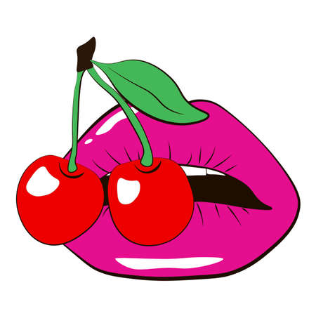 Vector illustration. Woman pink lips with cherry isolated on white background. Vector illustration...