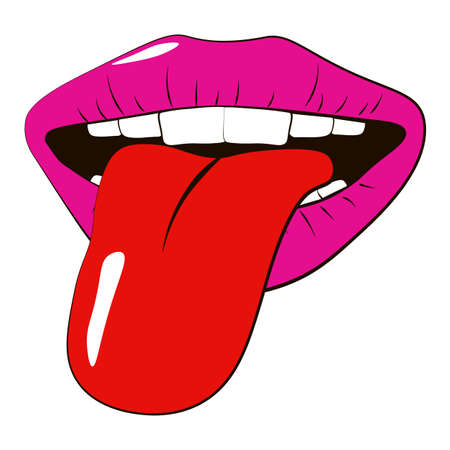 Vector illustration. Woman pink lips with tongue isolated on white background. Vector illustration Icons,  and symbols For web, Print and Stencil Posters.のイラスト素材