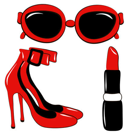 Vector illustration. Set of women accessories red lipstick, shoes, glasses isolated on white background. Vector illustration Icons,   and symbols For web, Print and Stencil Posters.のイラスト素材