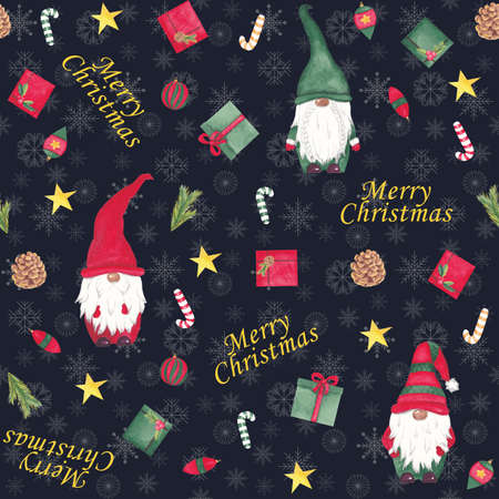 Watercolor christmas gnome seamless pattern Scandinavian gnomes with gifts, candies, lettering on dark blue background For design fabric, textile, packaging, wrapping paper, invitation, greeting cardsの写真素材