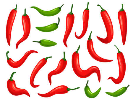 Cartoon red chili and green jalapeno peppers. Spicy vegetable for mexican hot sauce. Serrano and paprika pepper food spice , label or menu icon vector setのイラスト素材