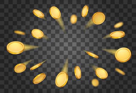 Realistic 3d flying golden coins background, casino jackpot prize concept. financial wealth symbol. Yellow gold coin explosion. Gambling game winner money vector illustrationのイラスト素材