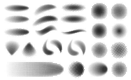 Abstract halftone dotted geometric shapes with gradient. Pop art dot circles and ovals. Half tone spray gradation effect pattern, brush texture vector setのイラスト素材