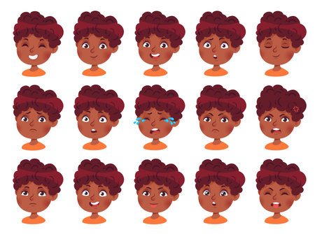 Cartoon boy face emotions and feelings. Cute kid character facial expressions, happy, sad, angry, question, surprise and bored. Kindergarten child avatar emoticon vector setのイラスト素材