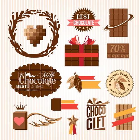 Set of chocolate decorative elements and emblems. Banners, stickers and icons.のイラスト素材