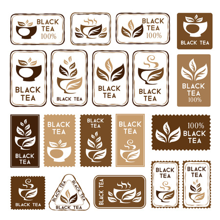 Tea. Black tea package elements. Stickers and banners collection. Vector isolated elements for packaging design.のイラスト素材