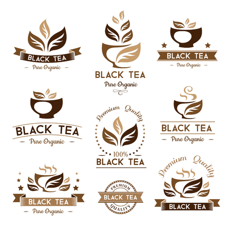 Tea. Black tea package elements. Emblems and labels collection. Vector isolated elements for packaging design.のイラスト素材