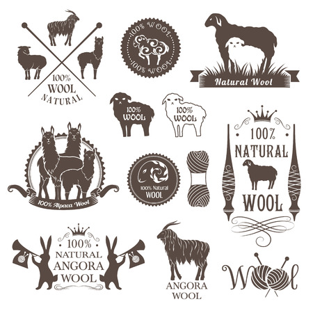Wool labels and design elements. Logo set of sheep, alpaca, rabbit and goat wool. Signs and emblems for natural wool products.のイラスト素材