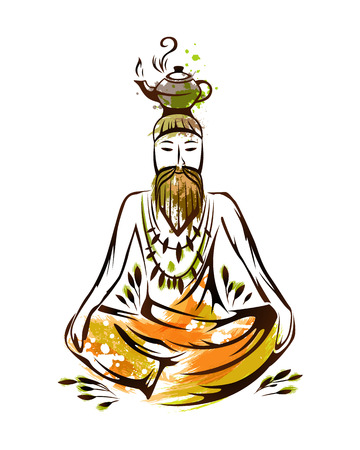 Asian monk in lotus pose with teapot. Vector illustration in watercolor style.のイラスト素材