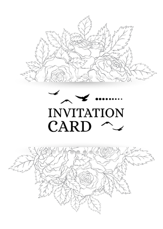 Vintage romantic invitation card with delicate roses decorations.  Vector floral background for wedding, birthday, valentine's day or any anniversary or celebration.のイラスト素材