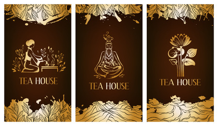 Tea house flayer template.  Tea banner collection.のイラスト素材