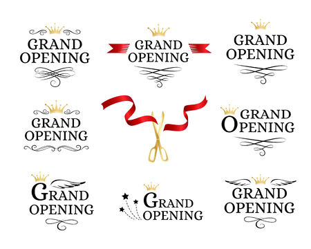 Grand opening badges collection with cut red ribbon and gold scissorsのイラスト素材