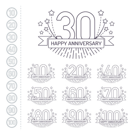 Anniversary signs collection in outline style. Celebration labels with sunburst elements.のイラスト素材
