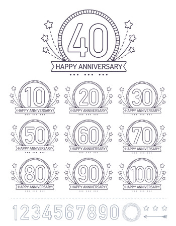 Anniversary signs collection in outline style. Celebration labels with sunburst elements.のイラスト素材