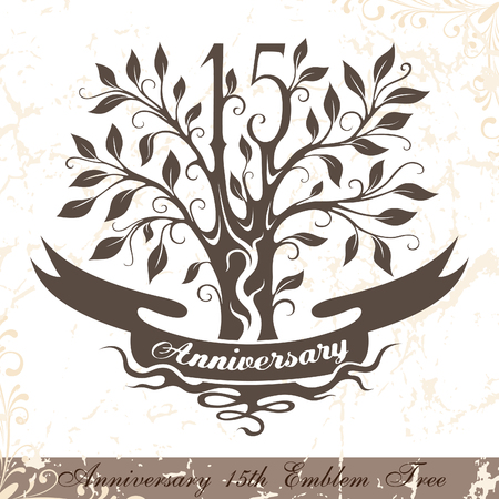 Anniversary 15th emblem tree in classic style. Template of anniversary, birthday and jubilee emblem  with copy space on the ribbon.のイラスト素材