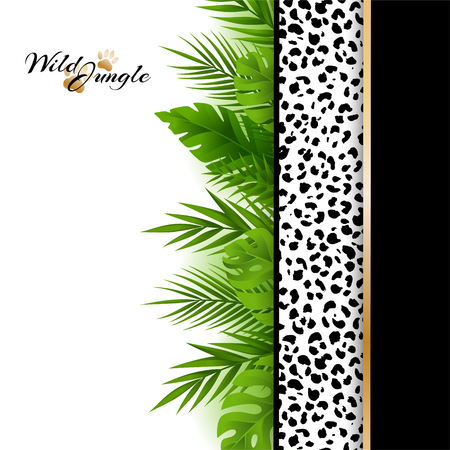 Wild tropical jungle background with jaguar pattern and green palm leaves border. Vector card with copy space in material design style.のイラスト素材
