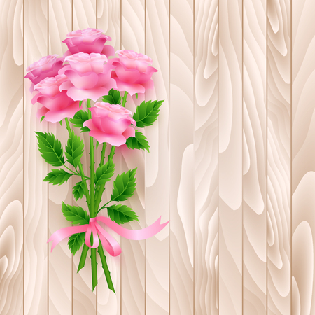 Bouquet of pink roses on wooden background. Vector. illustration with copy spaceのイラスト素材