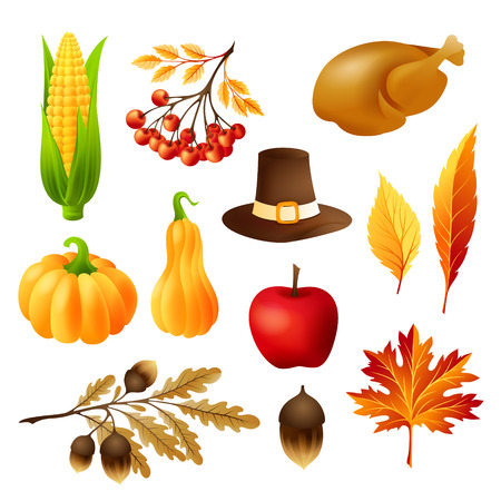 Thanksgiving decoration elements set. Autumn seasonal symbols. Vector iconsのイラスト素材