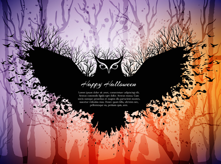 Halloween card with fairytale scene, flying magic owl above dark forest. Halloween background with frame from owl and copy spase for your text.のイラスト素材