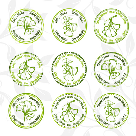 Ginkgo biloba. Circle stamps collection. Vector decorative isolated elements for package design.のイラスト素材