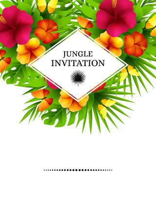 Tropical hawaiian background with jungle palm tree leaves, exotic flowers and butterflies. Vertical vector  invitation banners with hibiscus floral decorations and copy spaceのイラスト素材