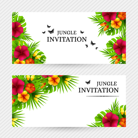 Summer tropical hawaiian background with jungle palm tree leaves, exotic flowers and butterflies. Horizontal vector  invitation banners with floral decorations and copy spaceのイラスト素材